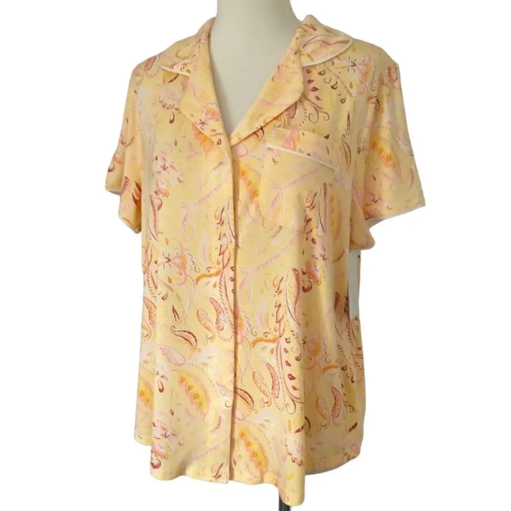 Stars Above Pajama Top New Tags Medium Paisley Pastel Yellow Soft Short Sleeves.